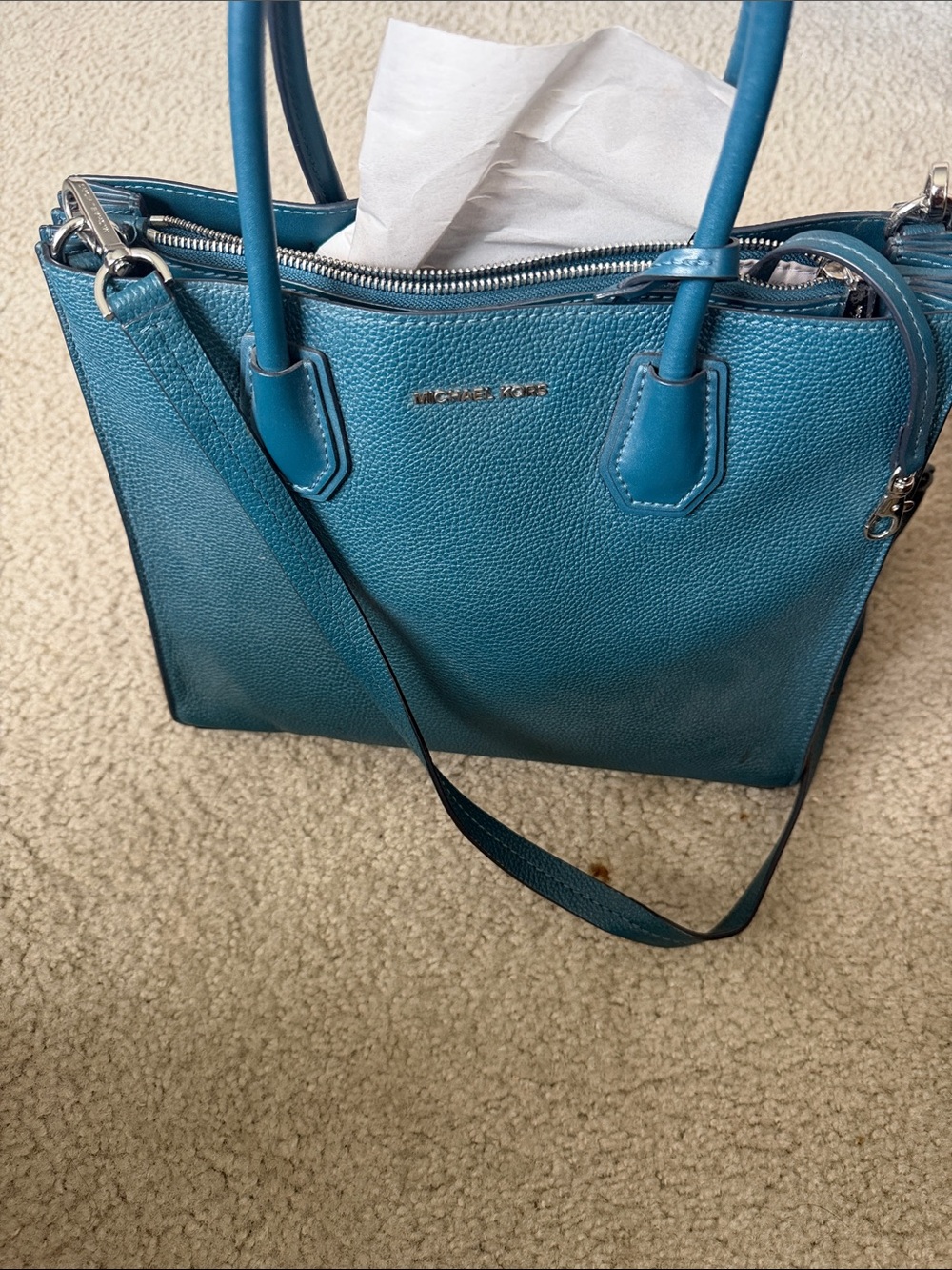 Michael Kors Teal Pebbled Leather Shoulder Bag with Crossbody Strap